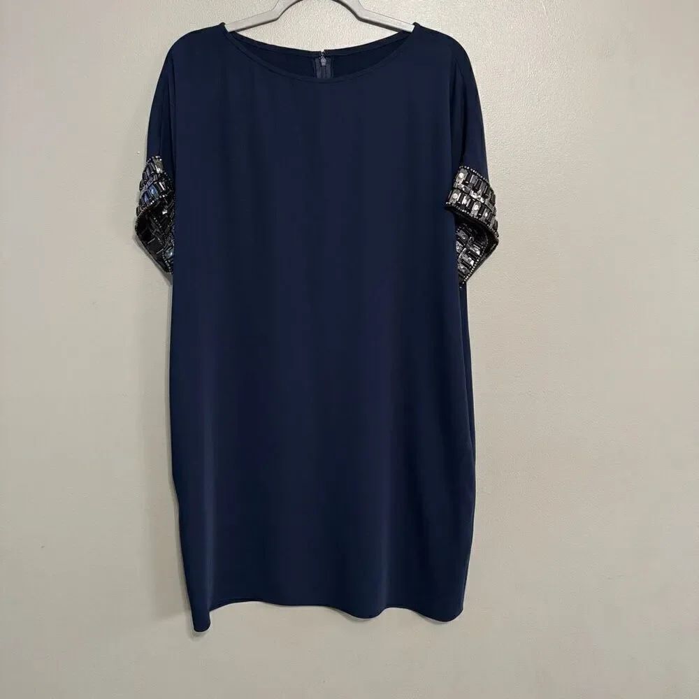 Carmen Marc Valvo navy shift dress with beaded sleeve size 6